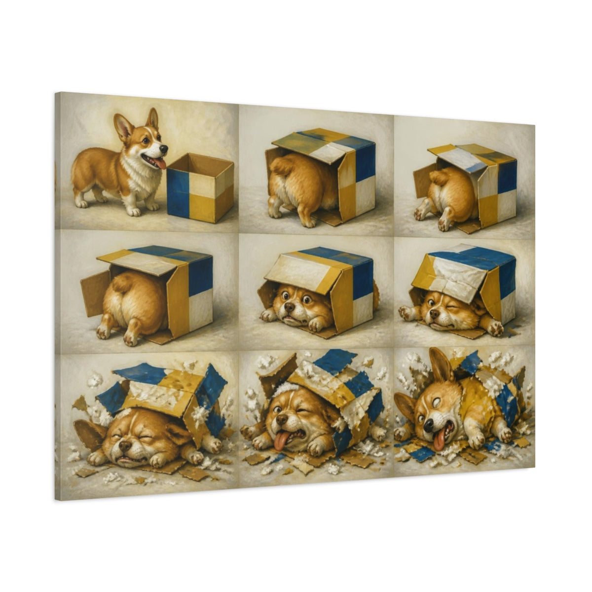Side Mockup 1. Funny Corgi In Box shown as canvas print