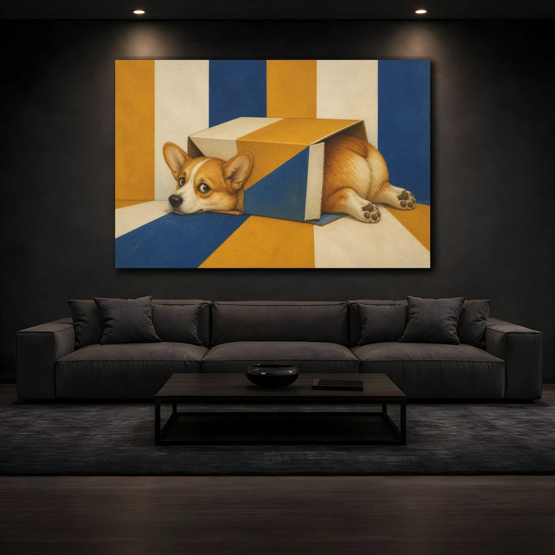 Funny Corgi In Box Canvas Print Wall Art – Living Room Decor, Above Fireplace - YesArtYes