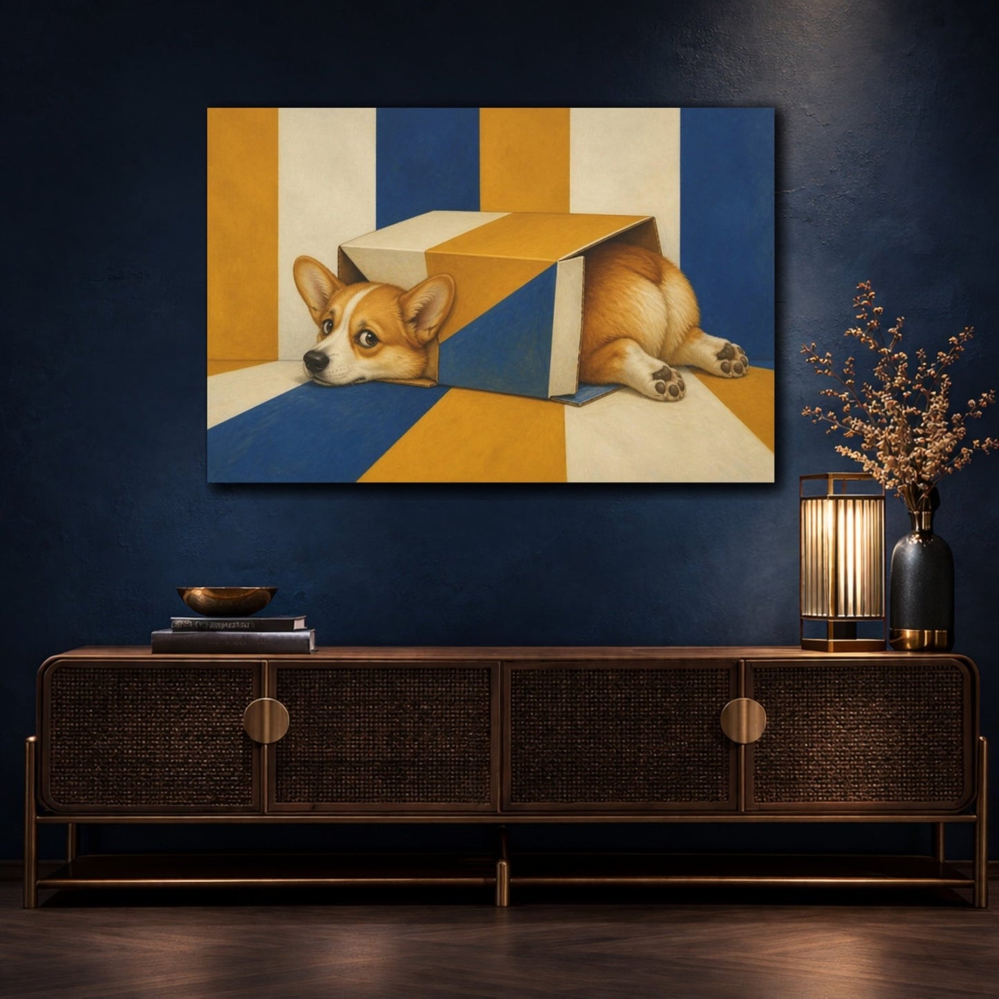 Funny Corgi In Box Canvas Print Wall Art – Living Room Decor, Above Fireplace - YesArtYes