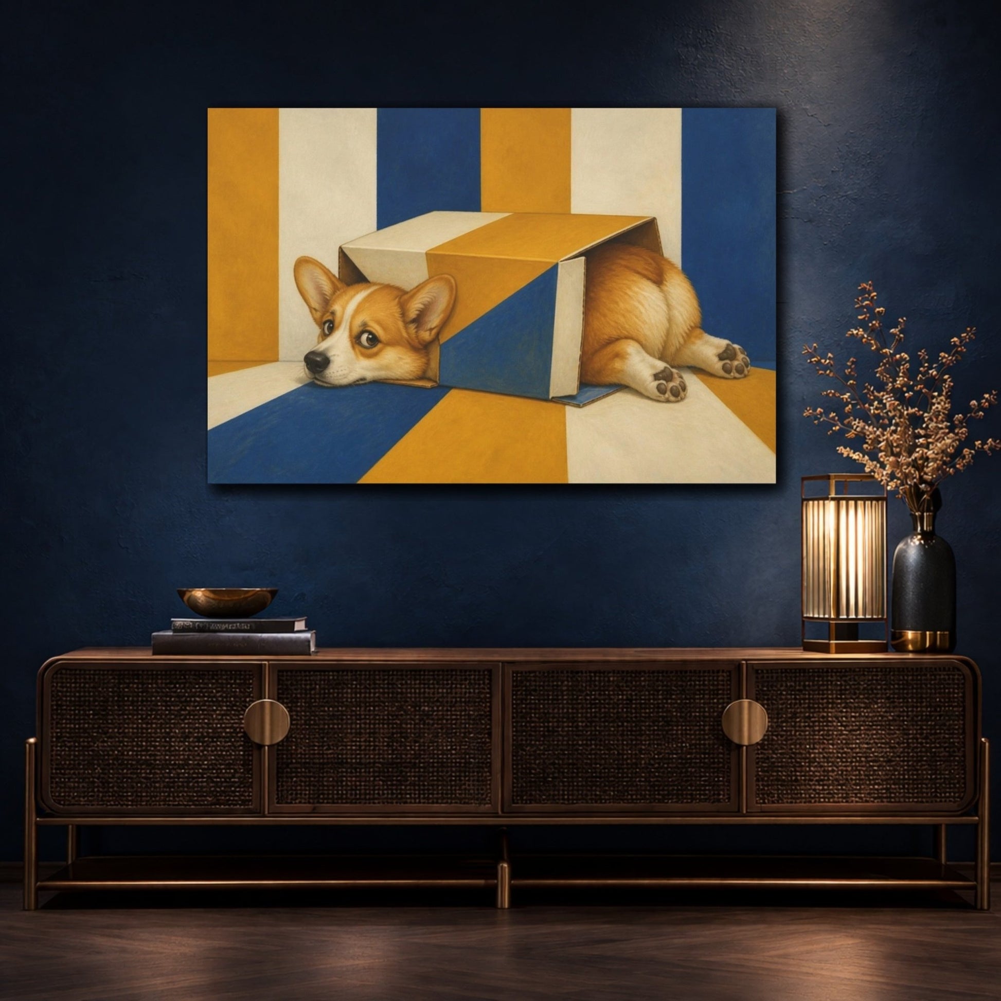 Funny Corgi In Box Canvas Print Wall Art – Living Room Decor, Above Fireplace - YesArtYes