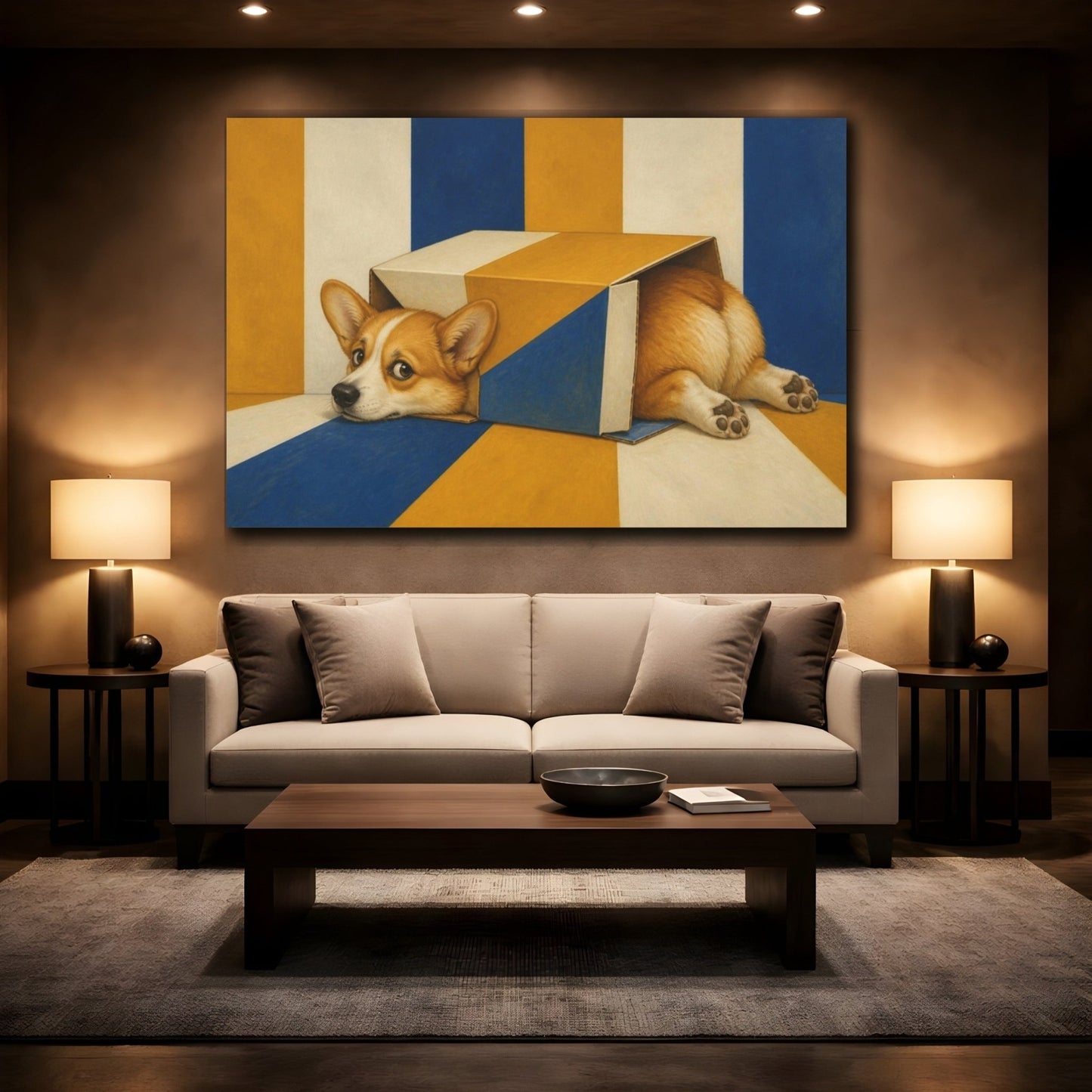 Funny Corgi In Box Canvas Print Wall Art – Living Room Decor, Above Fireplace - YesArtYes