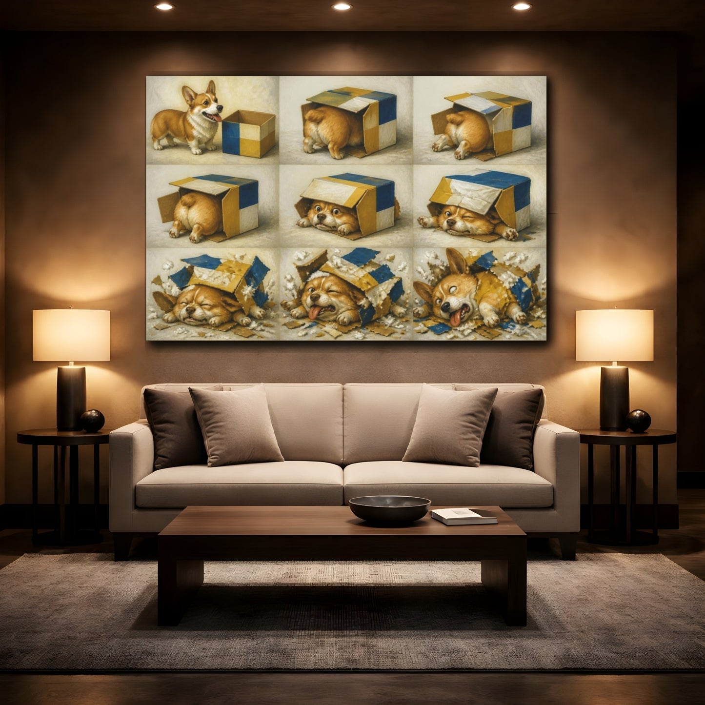 Mockup 2. Funny Corgi In Box shown as canvas print