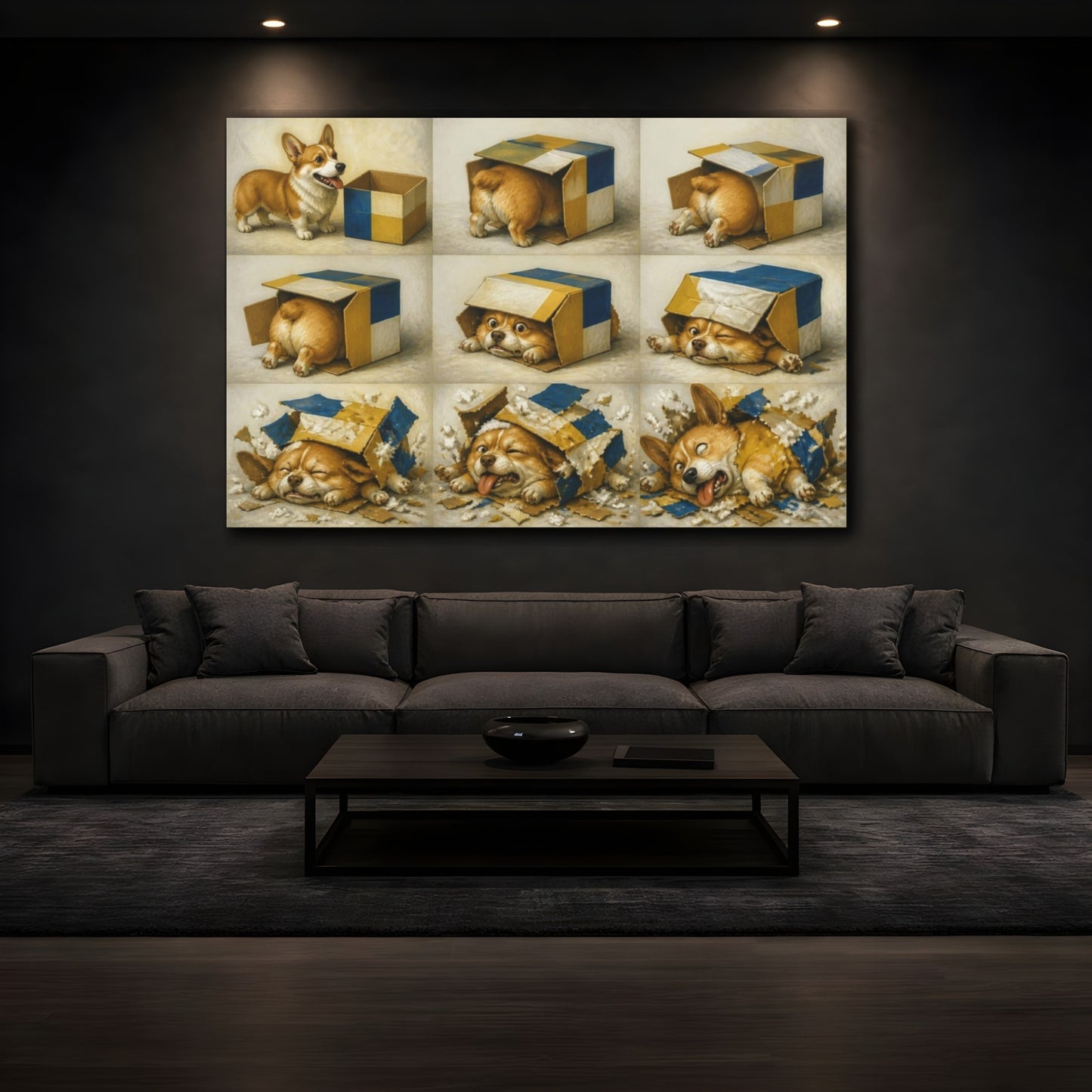 Mockup 3. Funny Corgi In Box shown as canvas print