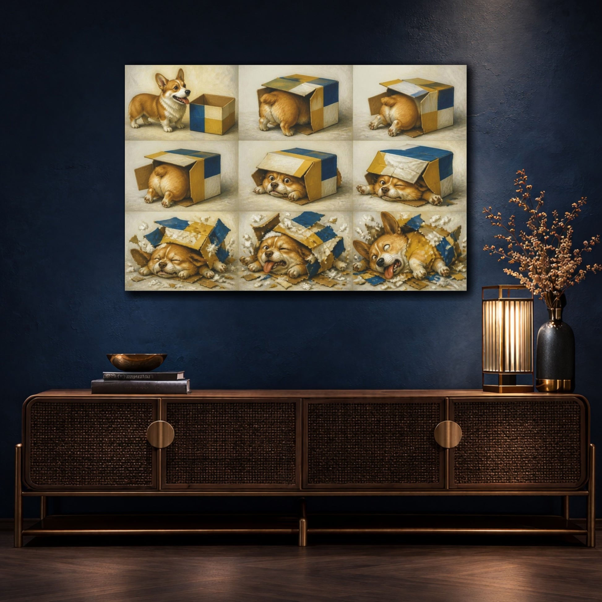 Mockup 4. Funny Corgi In Box shown as canvas print