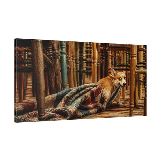 Funny Corgi Towing Blanket Canvas Print – Living Room, Above Fireplace, Tan, Teal, Red - YesArtYes