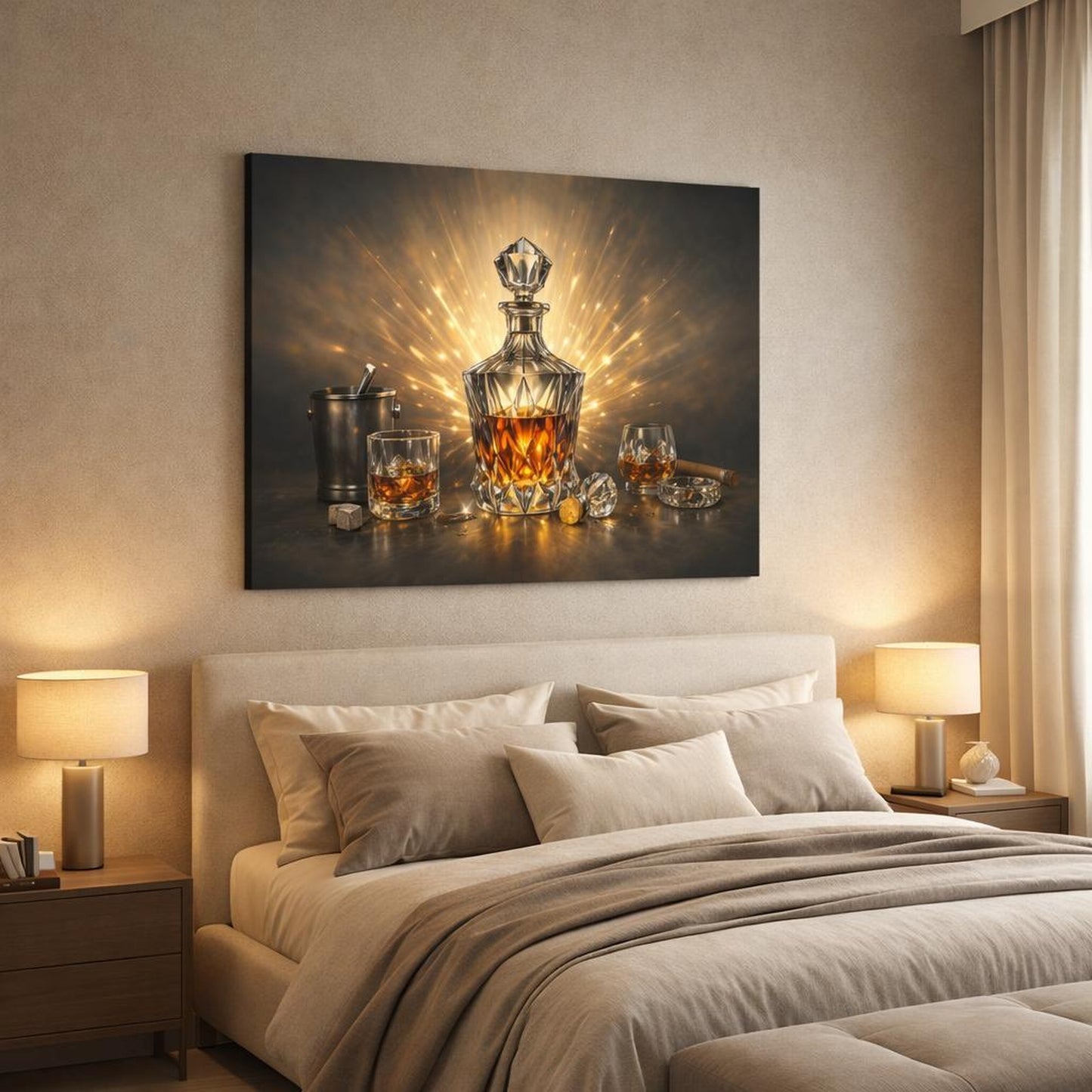 Funny Crystal Decanter shown as canvas wall art in a luxury bedroom