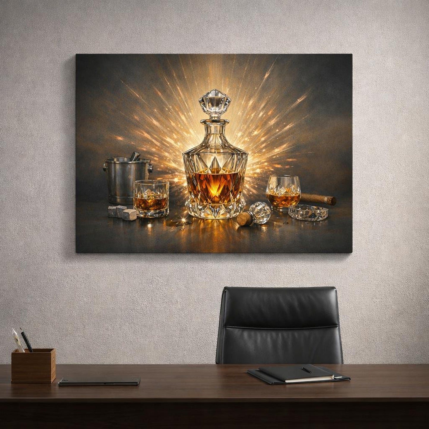 Funny Crystal Decanter shown as canvas wall art in a refined dining room
