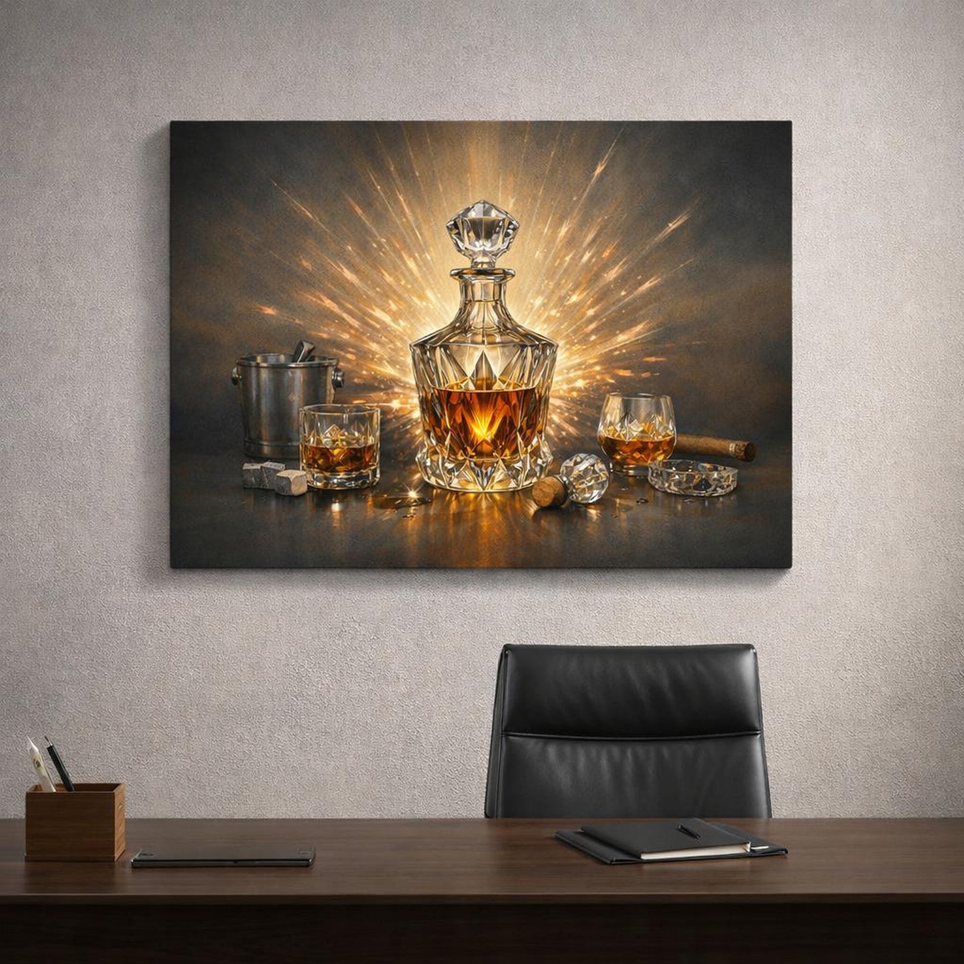 Funny Crystal Decanter shown as canvas wall art in a refined dining room