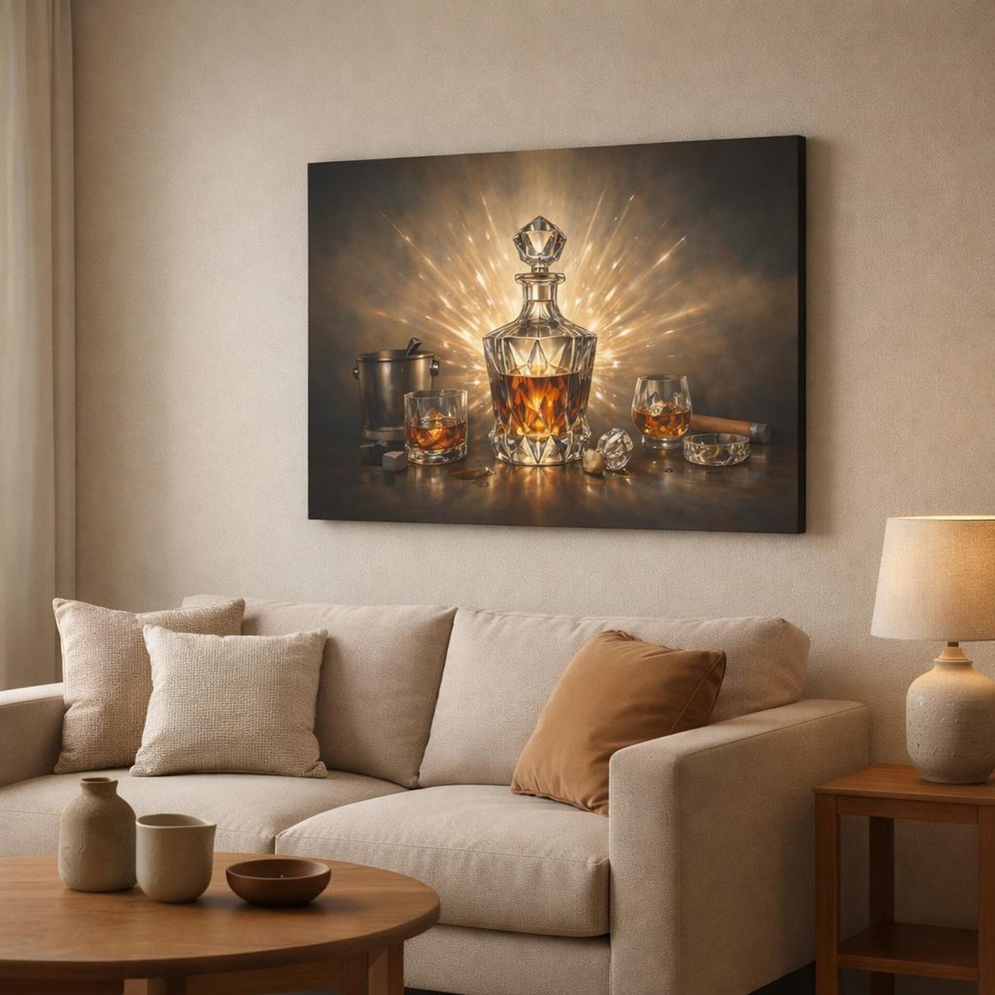 Funny Crystal Decanter shown as canvas wall art in a modern living room