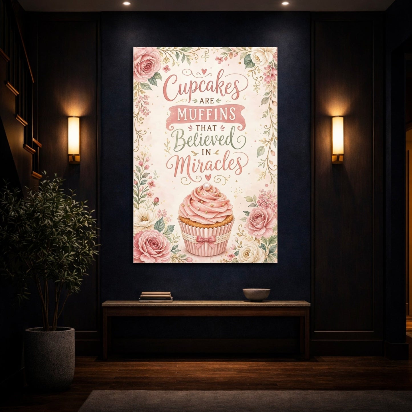 Funny Cupcake Pink Floral Canvas Wall Art Print – Kitchen Decor, Above Counter - YesArtYes