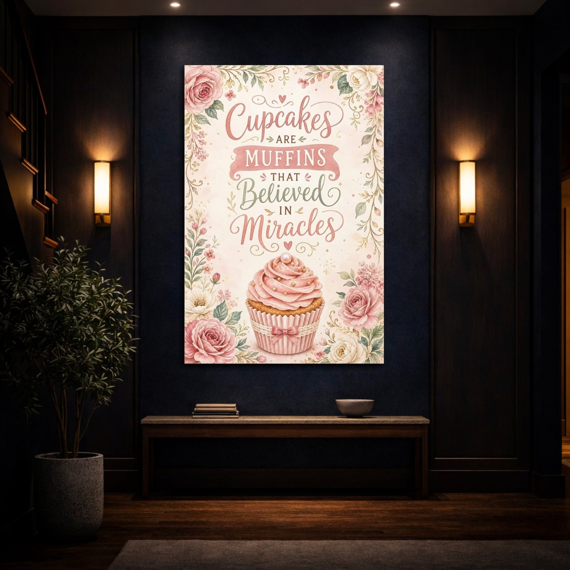 Funny Cupcake Pink Floral Canvas Wall Art Print – Kitchen Decor, Above Counter - YesArtYes