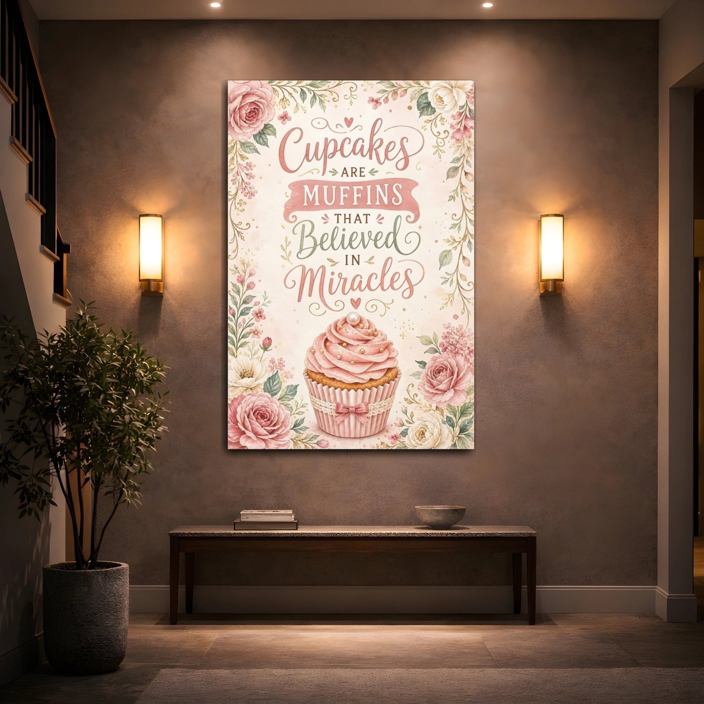 Funny Cupcake Pink Floral Canvas Wall Art Print – Kitchen Decor, Above Counter - YesArtYes
