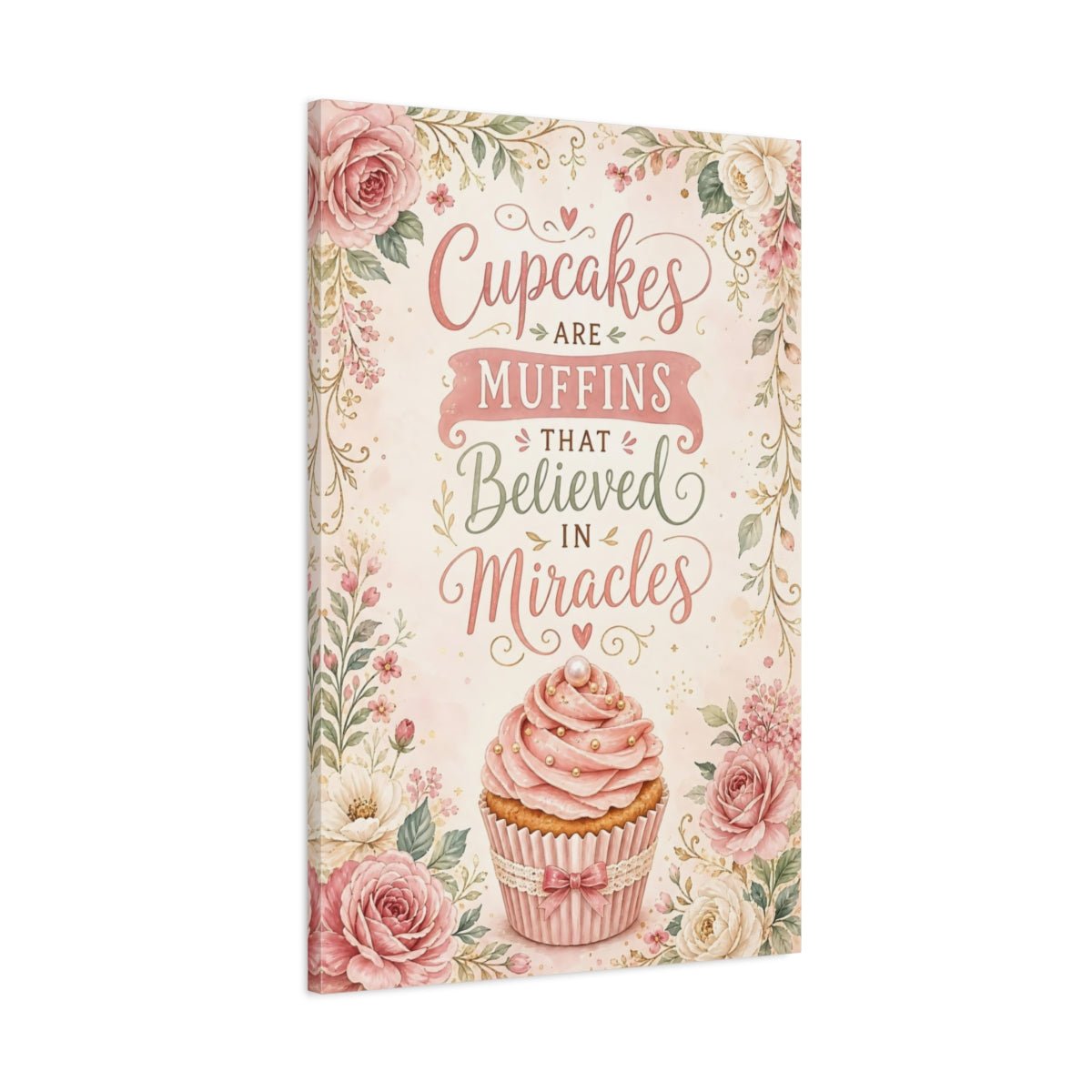 Funny Cupcake Pink Floral Canvas Wall Art Print – Kitchen Decor, Above Counter - YesArtYes