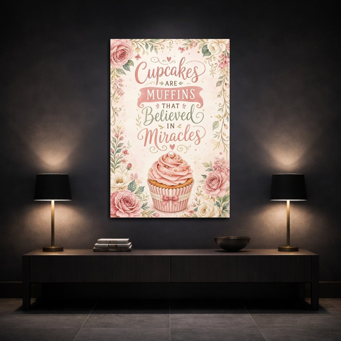 Funny Cupcake Pink Floral Canvas Wall Art Print – Kitchen Decor, Above Counter - YesArtYes