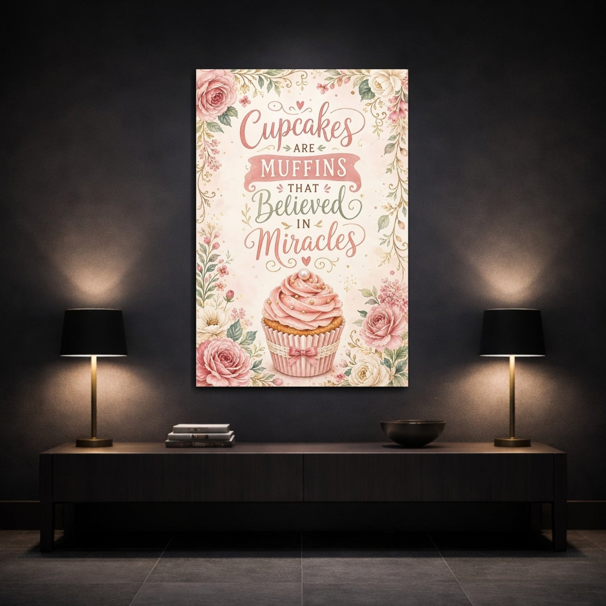 Funny Cupcake Pink Floral Canvas Wall Art Print – Kitchen Decor, Above Counter - YesArtYes