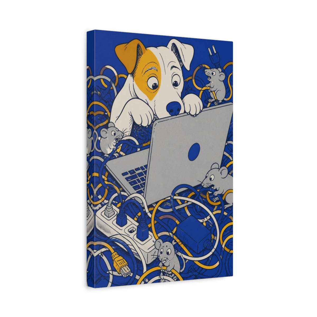 Side Mockup 4. Funny Curious Dog At Laptop shown as canvas print