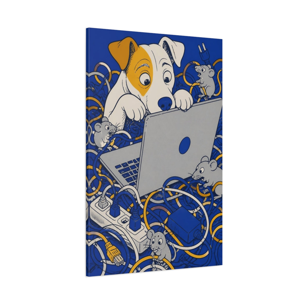 Side Mockup 1. Funny Curious Dog At Laptop shown as canvas print