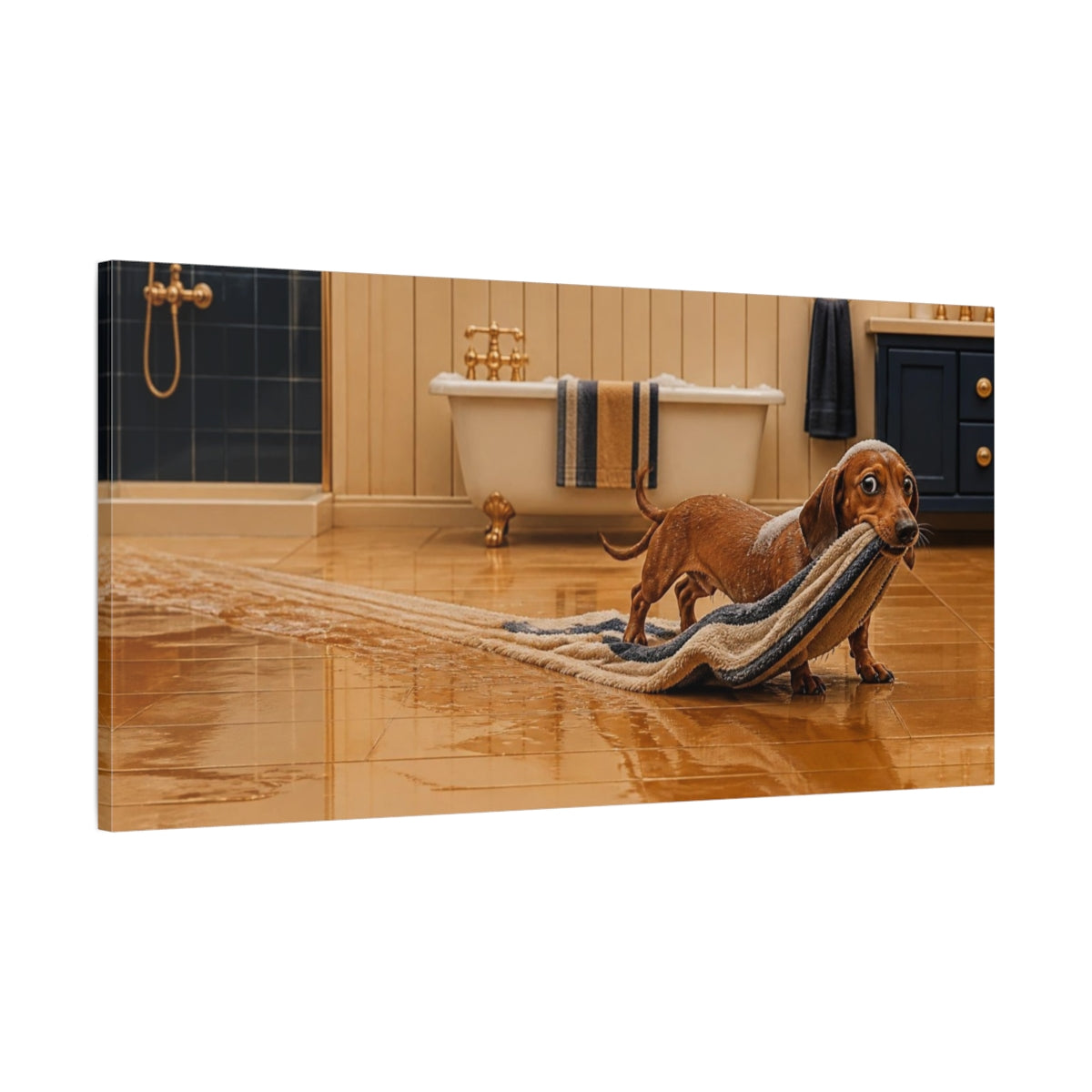 Main Mockup. Funny Dachshund Towel Heist shown as canvas print