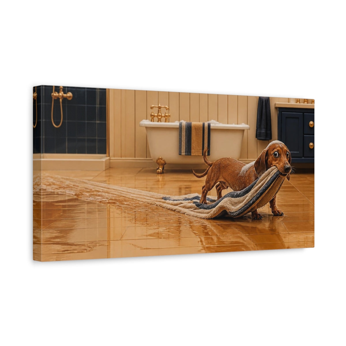 Side Mockup 3. Funny Dachshund Towel Heist shown as canvas print
