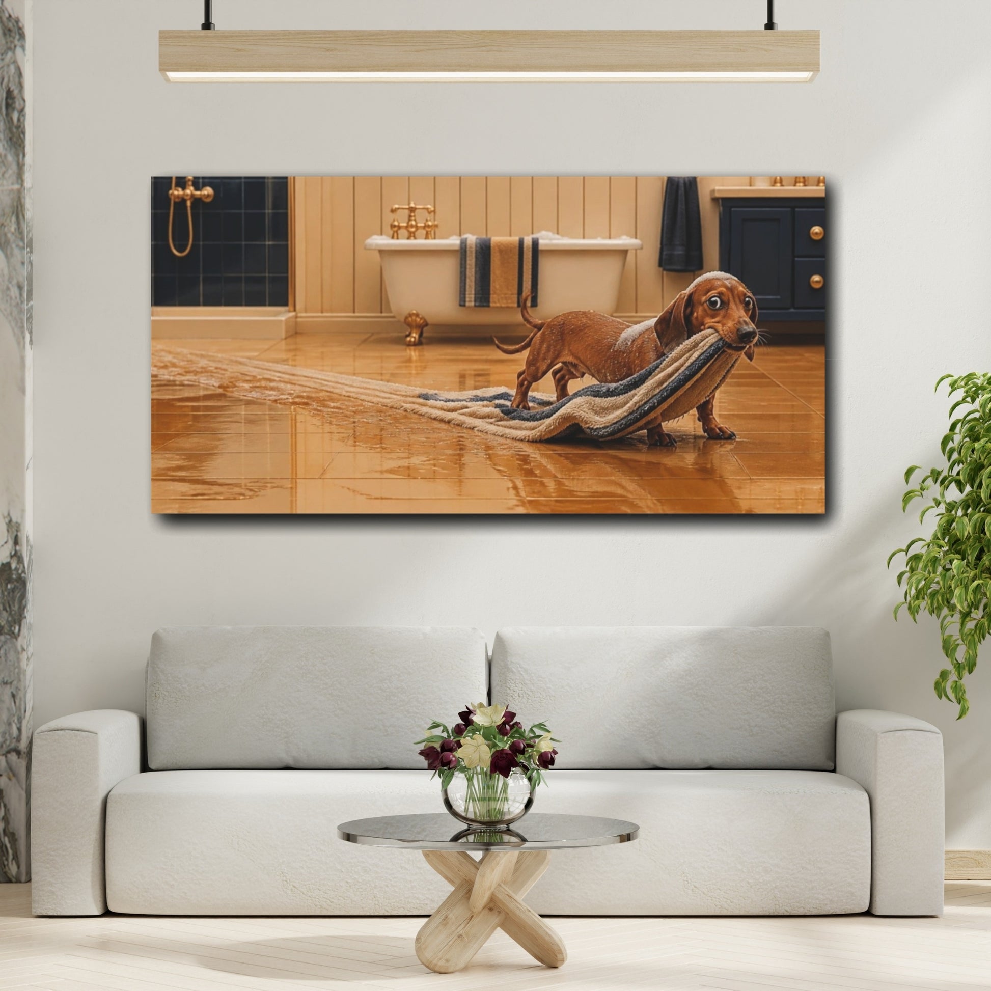 Mockup 2. Funny Dachshund Towel Heist shown as canvas print