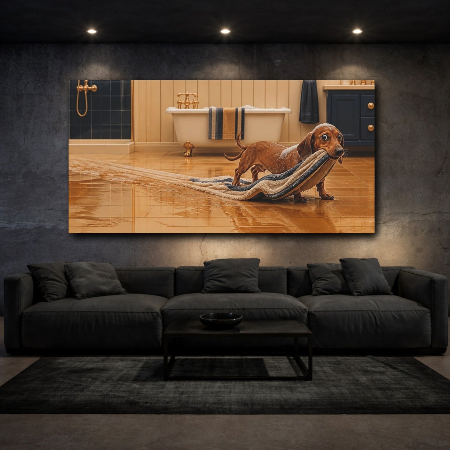 Mockup 3. Funny Dachshund Towel Heist shown as canvas print