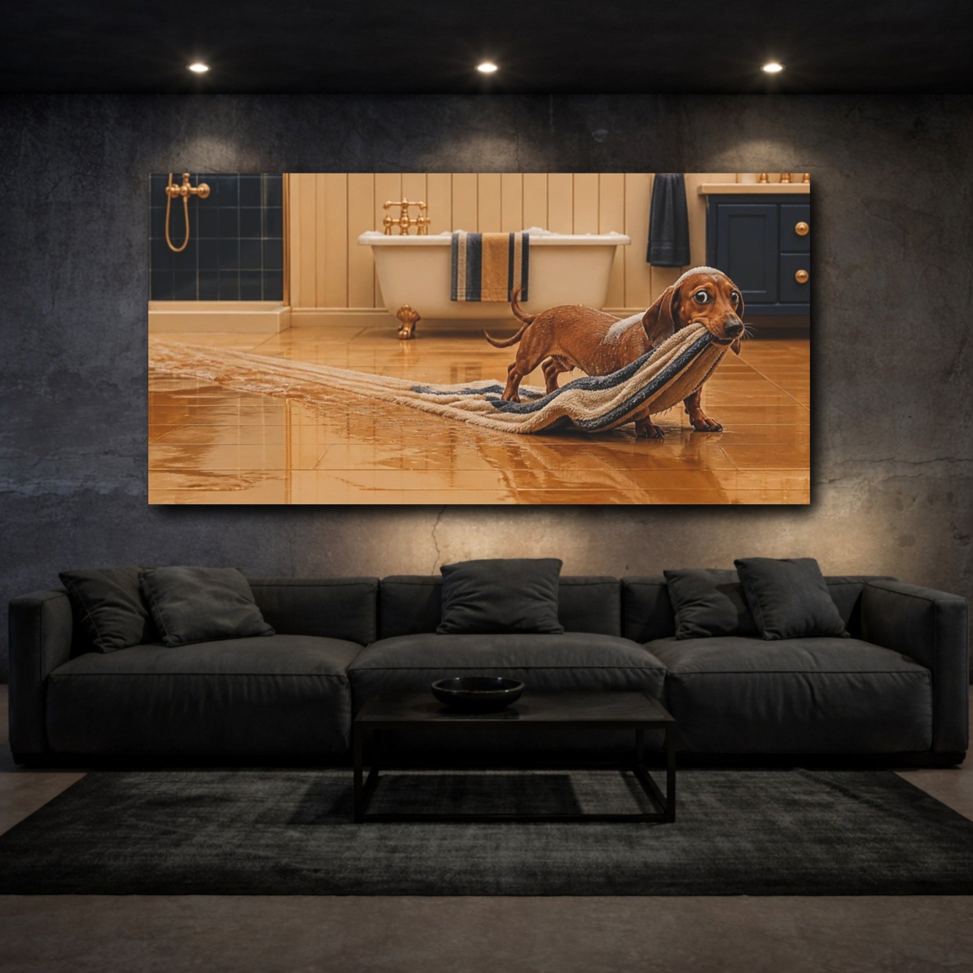 Mockup 3. Funny Dachshund Towel Heist shown as canvas print