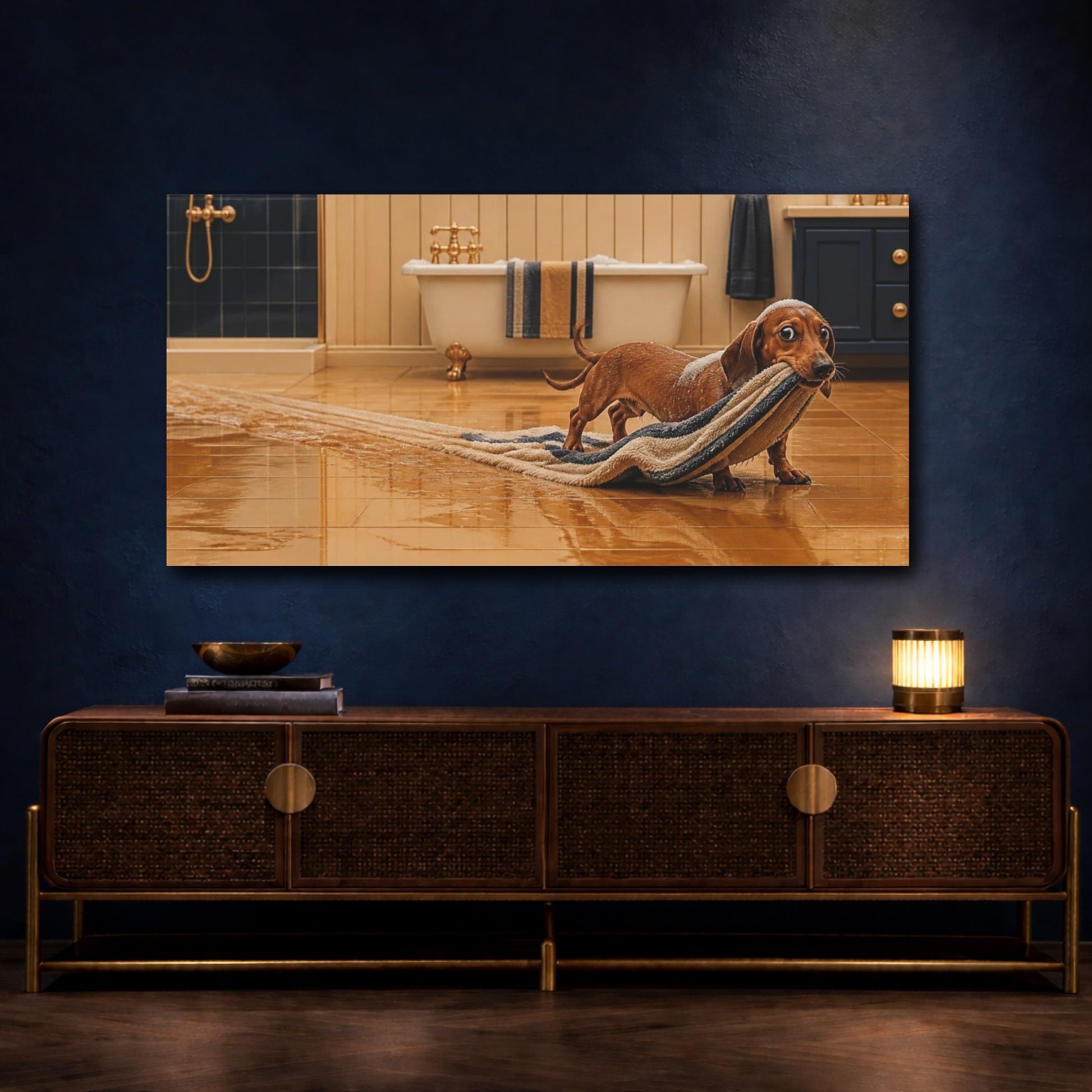 Mockup 4. Funny Dachshund Towel Heist shown as canvas print