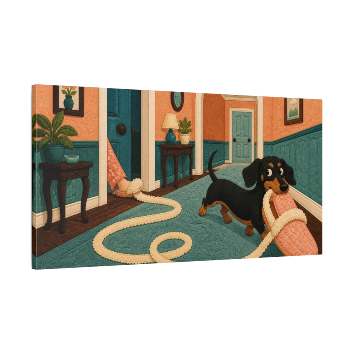 Main Mockup. Funny Dachshund Tugging Slipper shown as canvas print