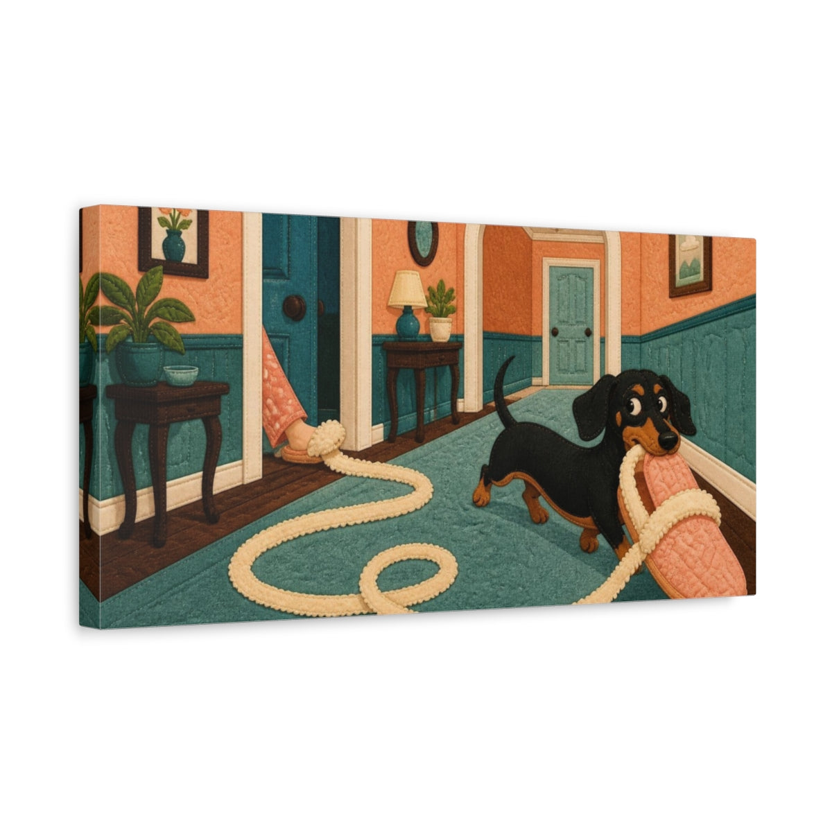 Side Mockup 3. Funny Dachshund Tugging Slipper shown as canvas print