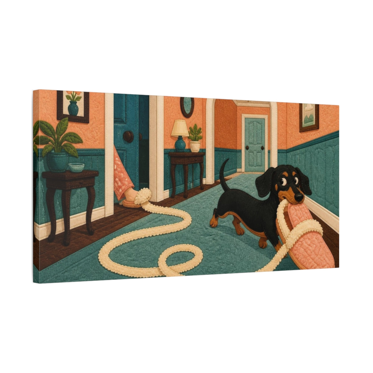 Side Mockup 1. Funny Dachshund Tugging Slipper shown as canvas print
