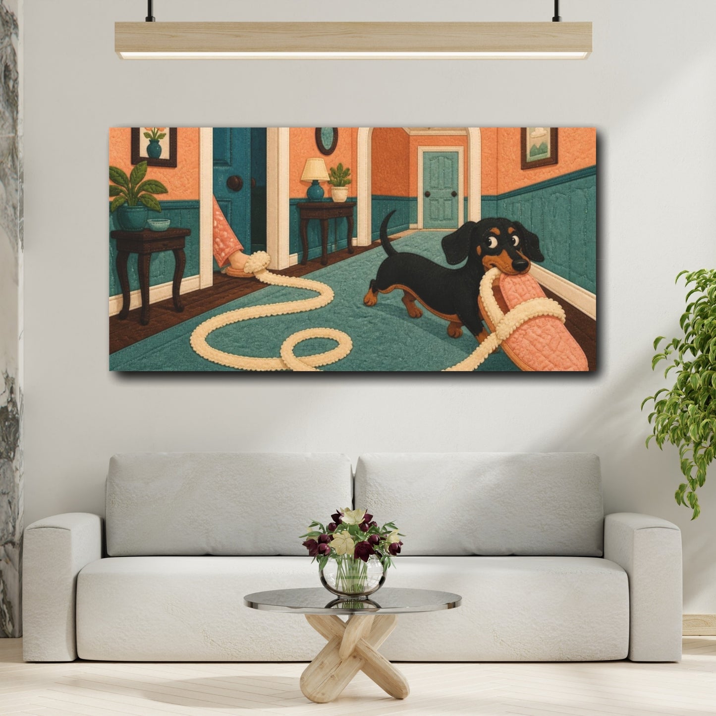 Mockup 2. Funny Dachshund Tugging Slipper shown as canvas print