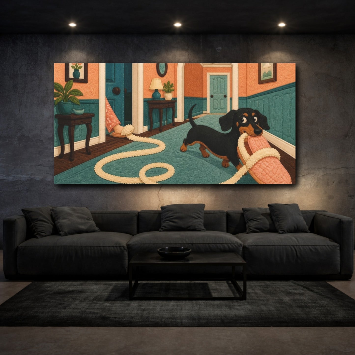 Mockup 3. Funny Dachshund Tugging Slipper shown as canvas print