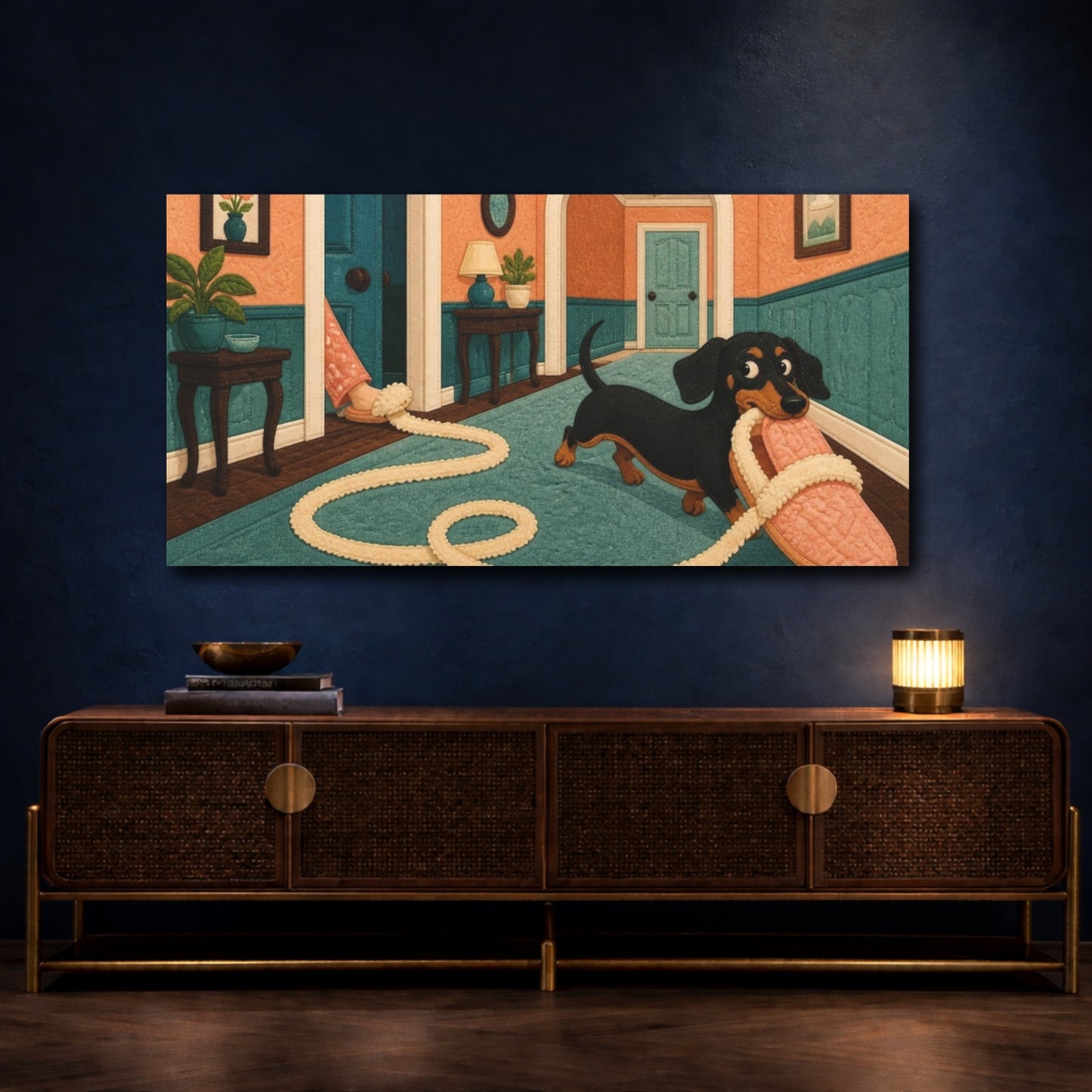 Mockup 4. Funny Dachshund Tugging Slipper shown as canvas print