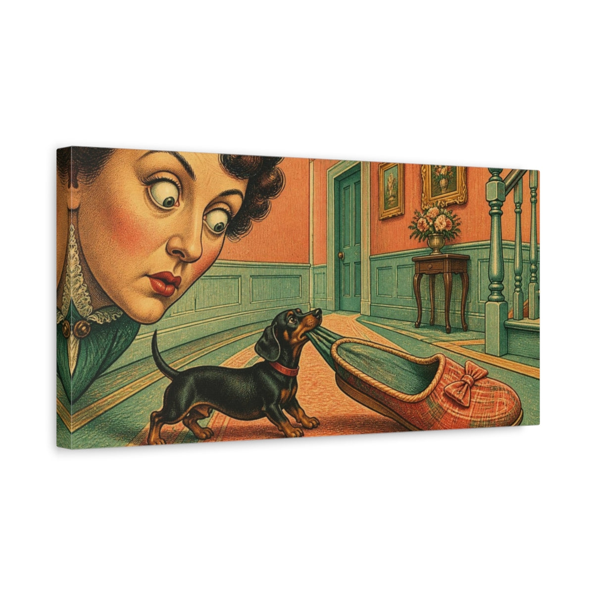 Side Mockup 3. Funny Dachshund With Slipper shown as canvas print