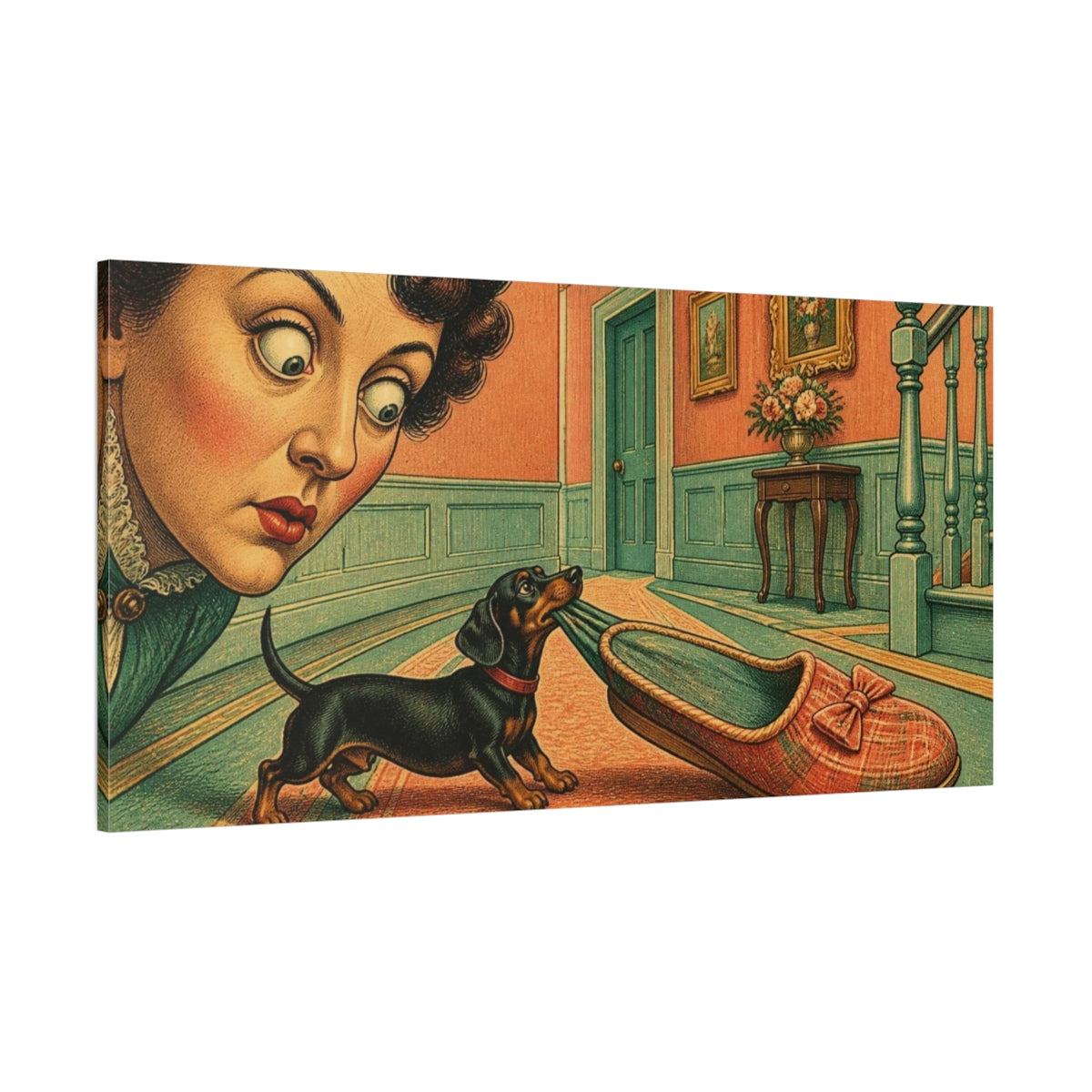 Side Mockup 2. Funny Dachshund With Slipper shown as canvas print