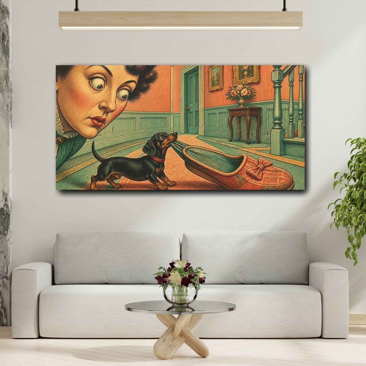 Mockup 2. Funny Dachshund With Slipper shown as canvas print