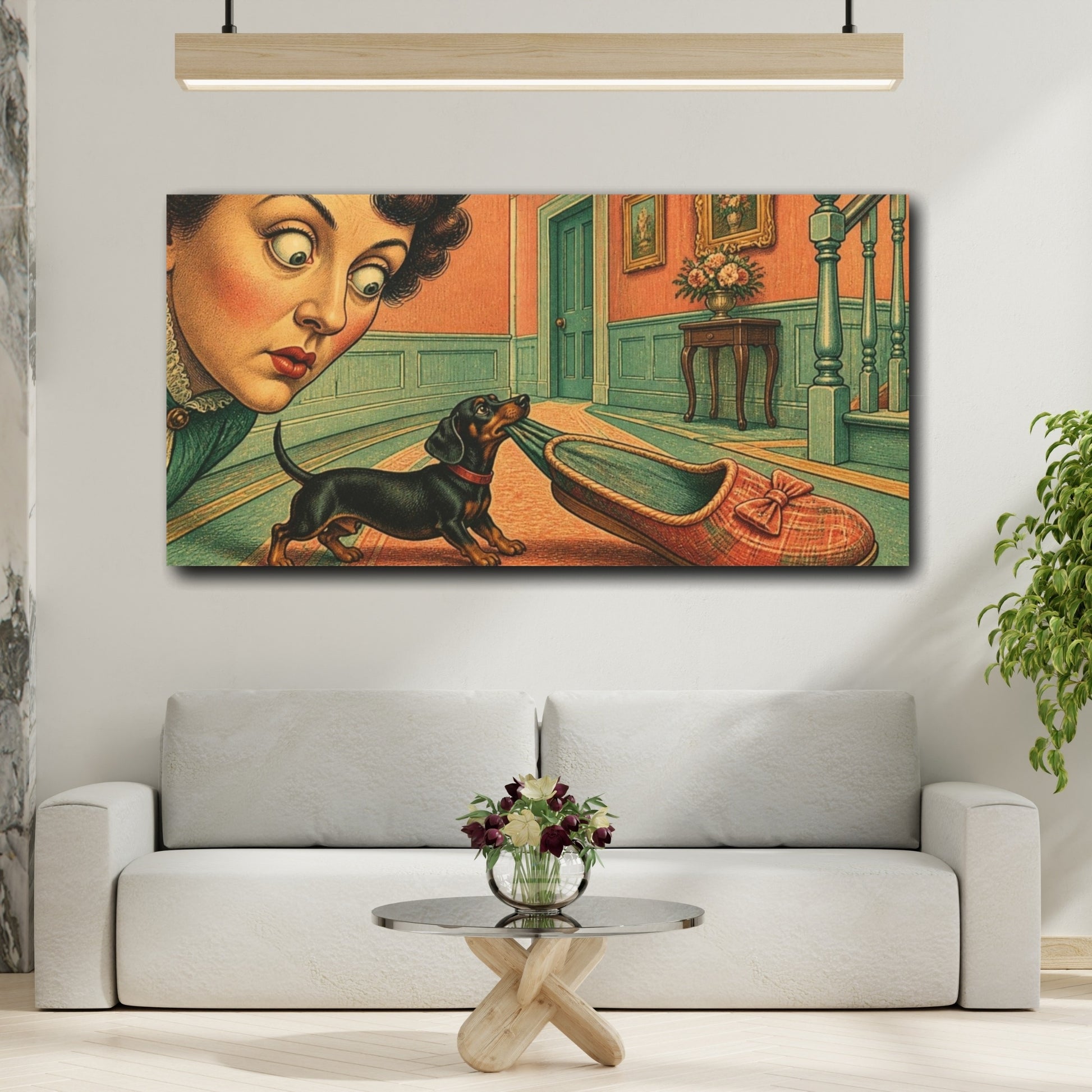 Mockup 2. Funny Dachshund With Slipper shown as canvas print