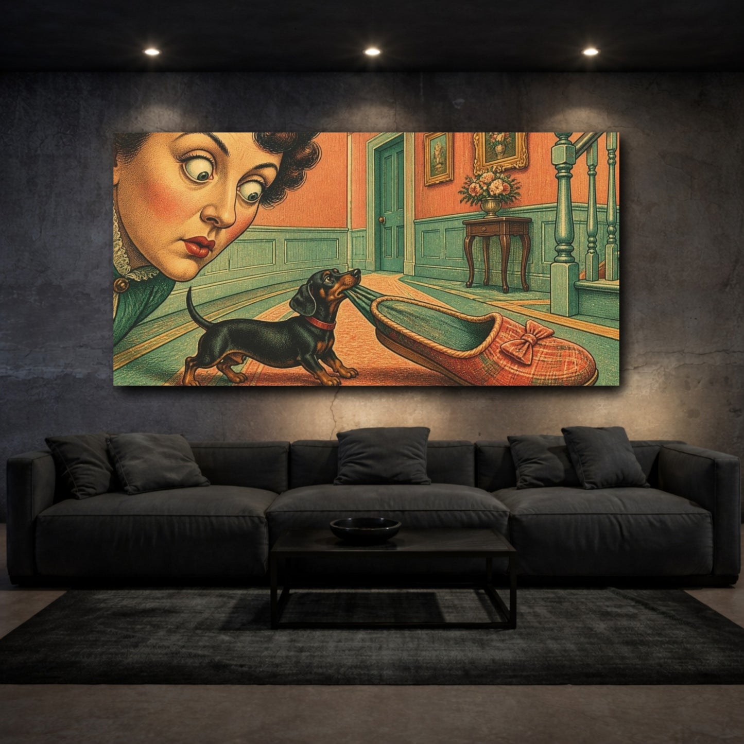 Mockup 3. Funny Dachshund With Slipper shown as canvas print