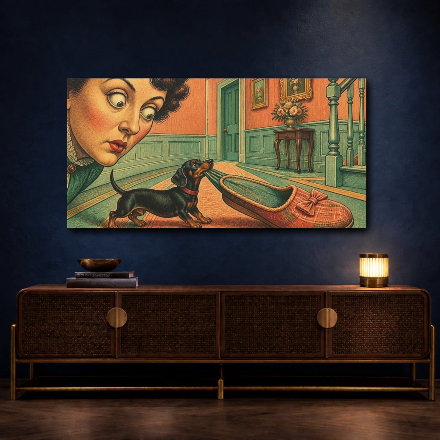 Mockup 4. Funny Dachshund With Slipper shown as canvas print
