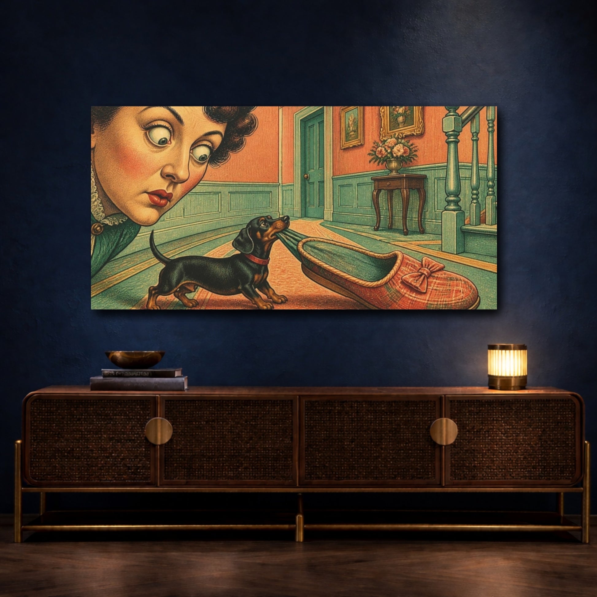 Mockup 4. Funny Dachshund With Slipper shown as canvas print