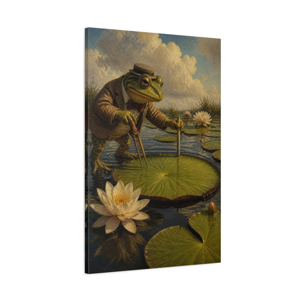 Main Mockup. Funny Dapper Frog Surveyor shown as canvas print