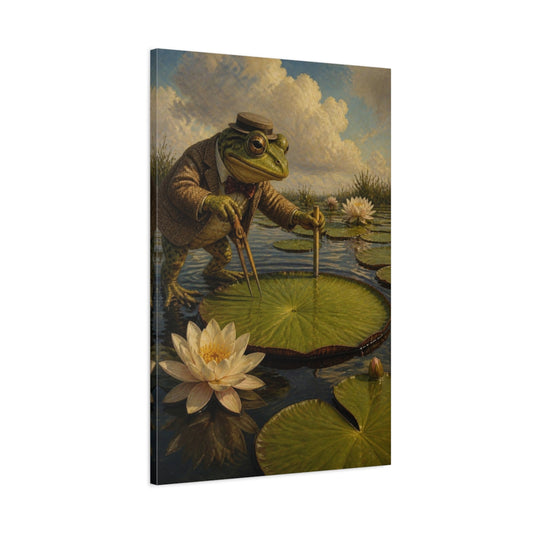 Main Mockup. Funny Dapper Frog Surveyor shown as canvas print
