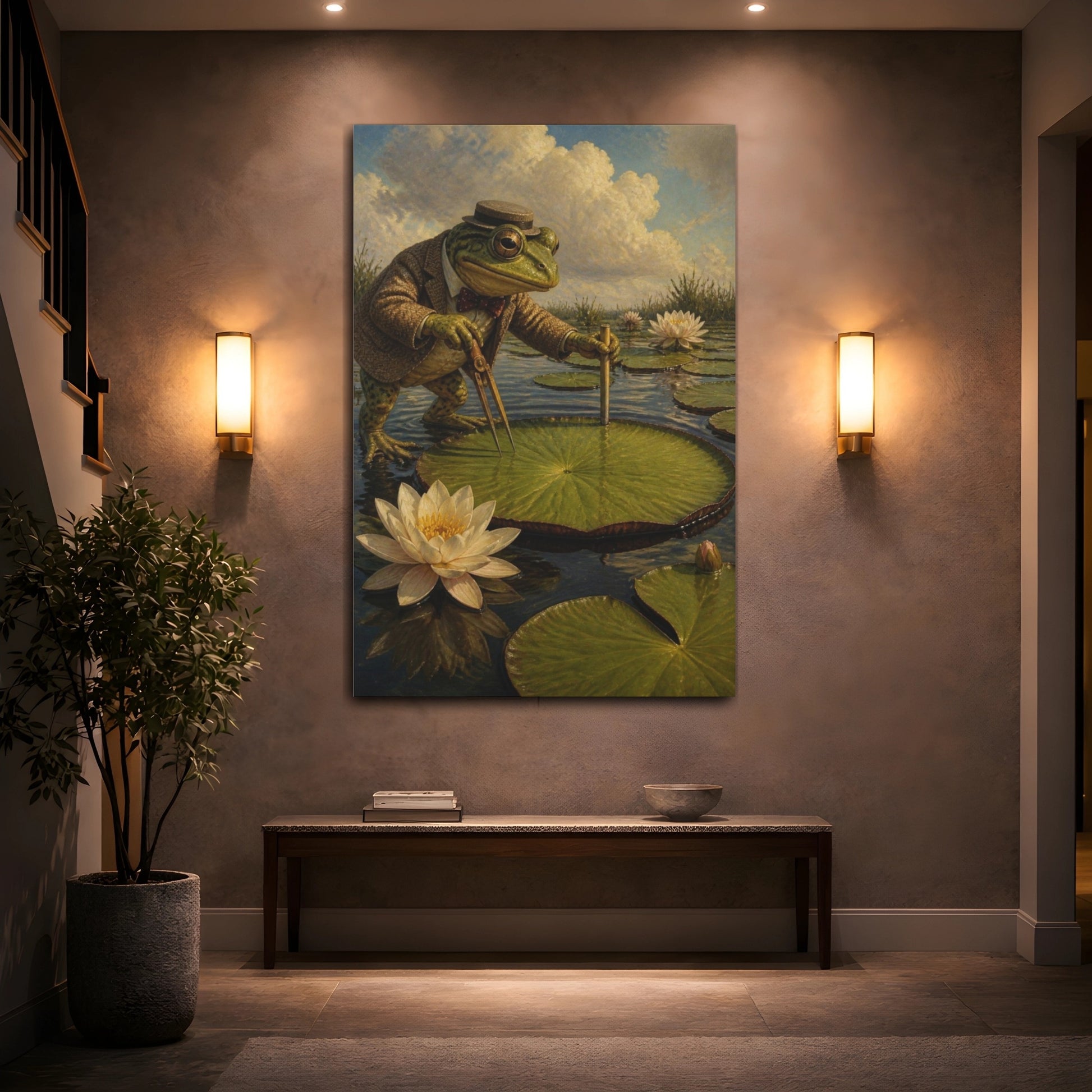 Mockup 2. Funny Dapper Frog Surveyor shown as canvas print