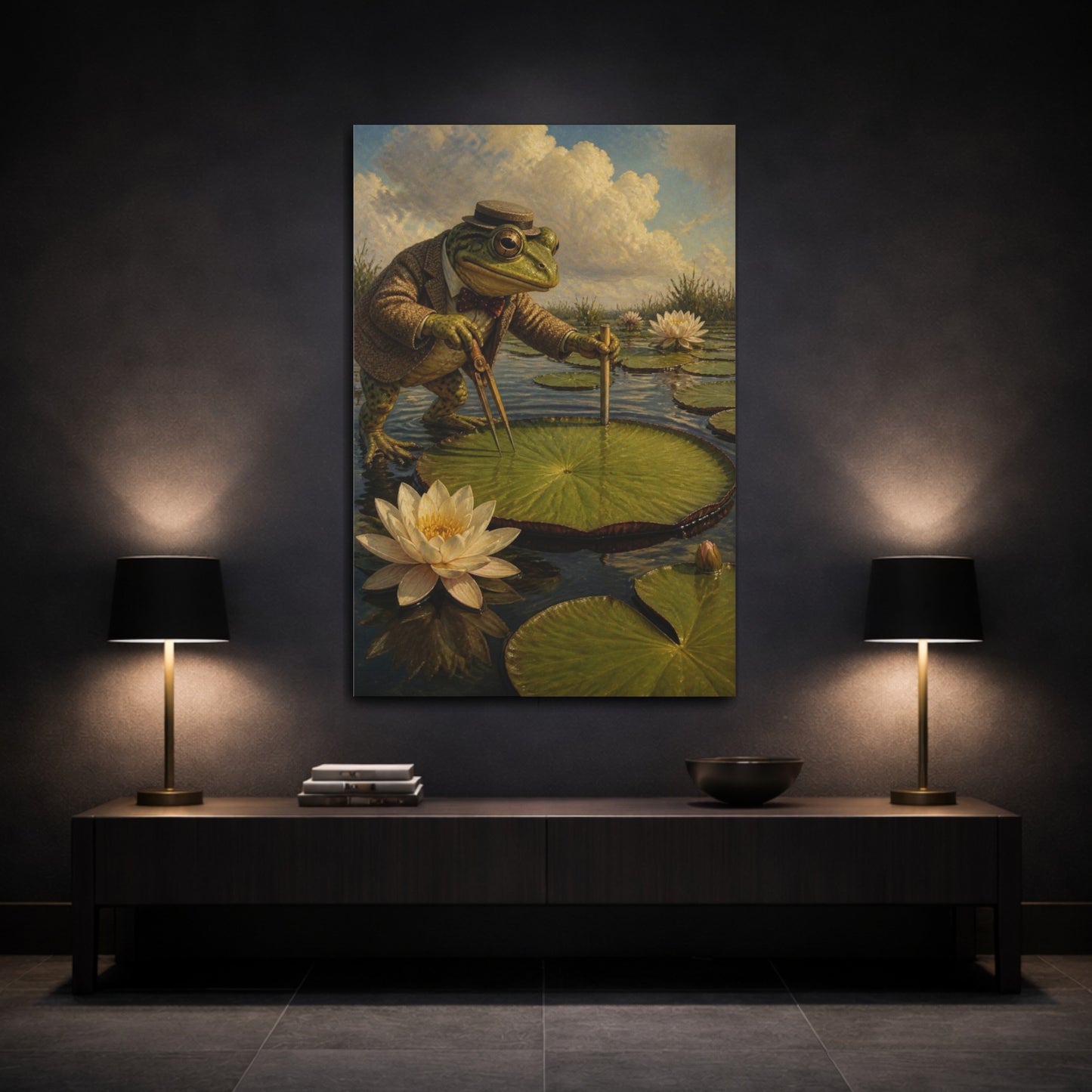 Mockup 3. Funny Dapper Frog Surveyor shown as canvas print