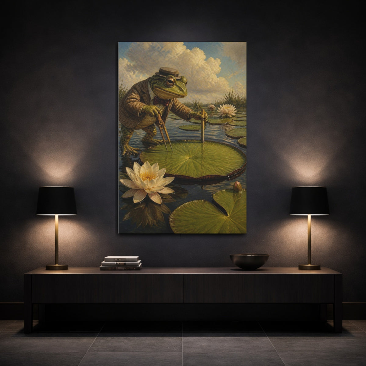 Mockup 3. Funny Dapper Frog Surveyor shown as canvas print