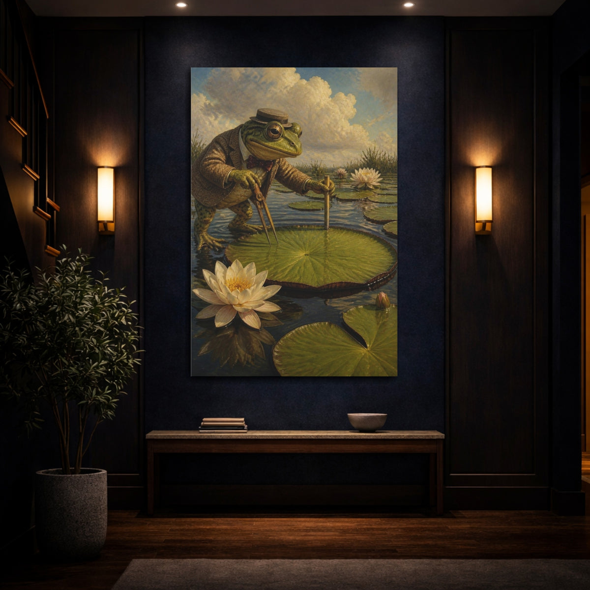 Mockup 4. Funny Dapper Frog Surveyor shown as canvas print