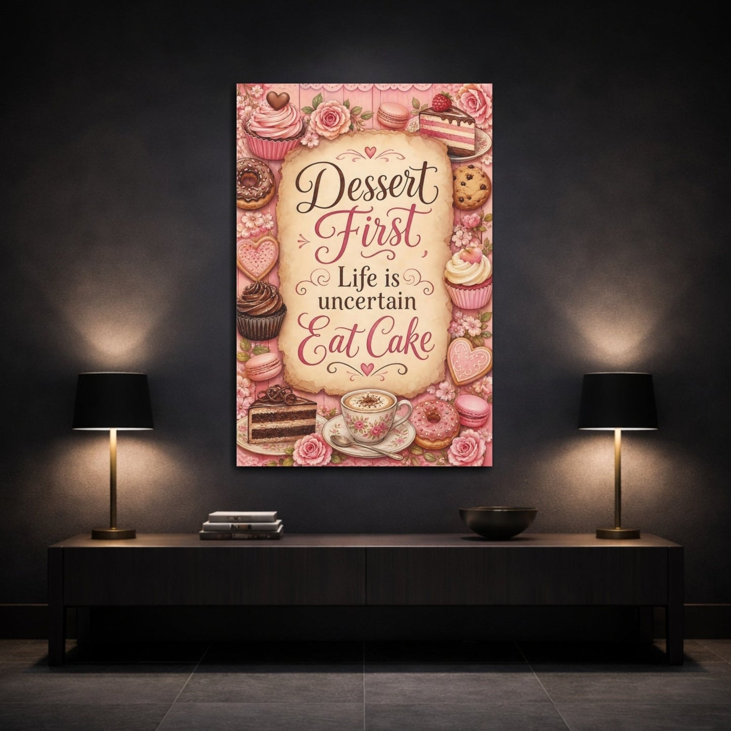 Funny Desserts Pink Canvas Wall Art Print – Kitchen Decor, Breakfast Nook - YesArtYes