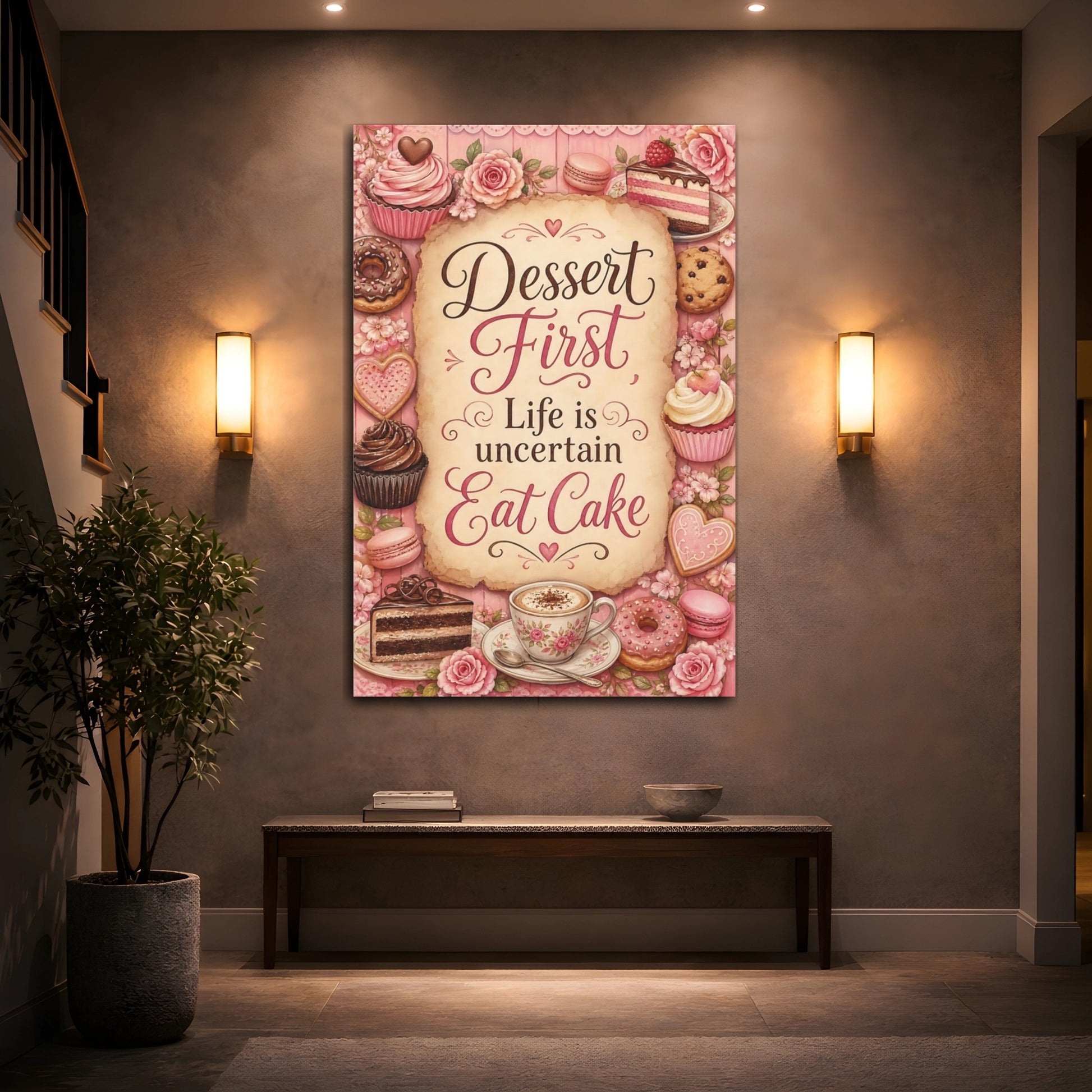 Mockup 2. Funny Desserts Pink Desserts shown as stretched canvas wall art