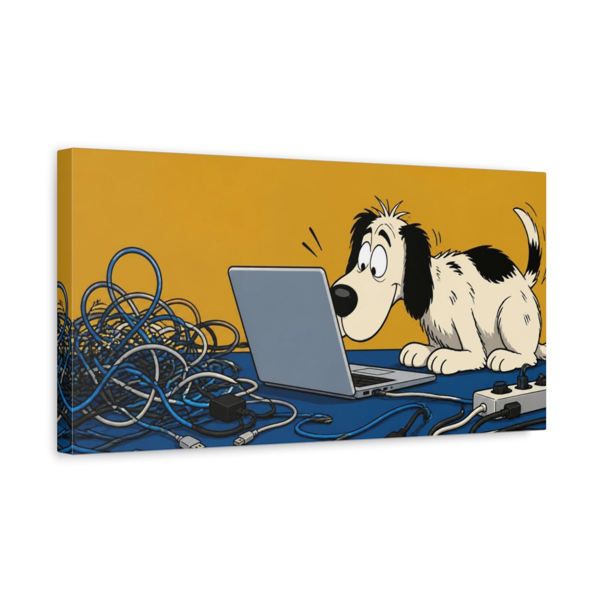 Side Mockup 3. Funny Dog With Laptop shown as canvas print