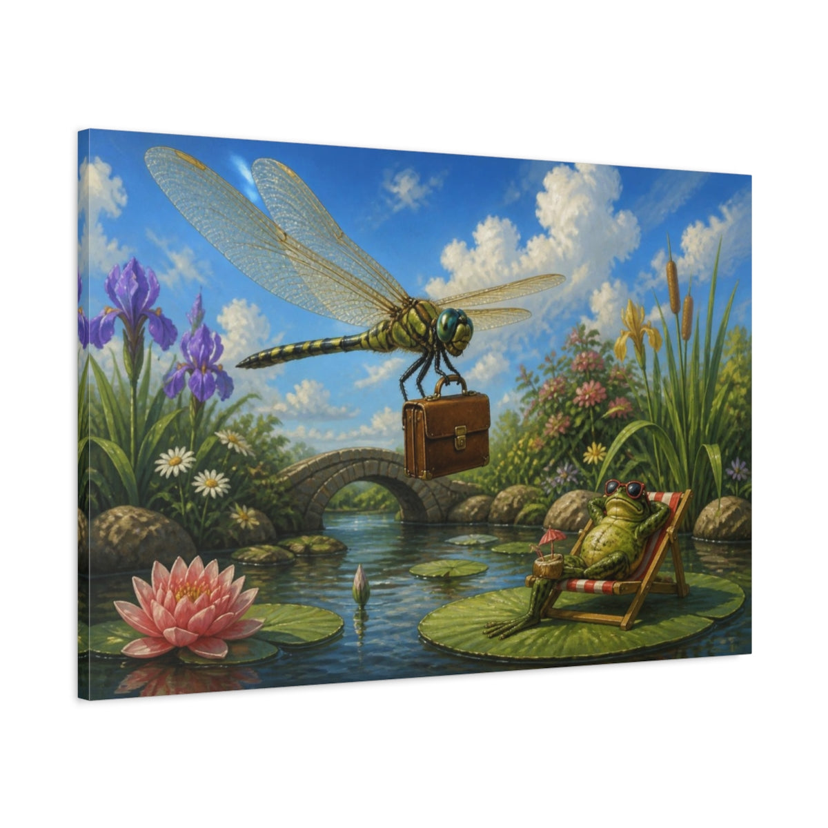 Main Mockup. Funny Dragonfly With Briefcase shown as canvas print